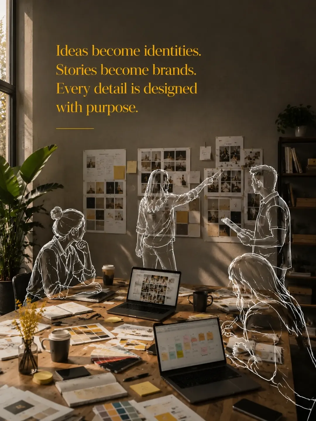 A sunlit creative studio with a team reviewing purposeful brand work